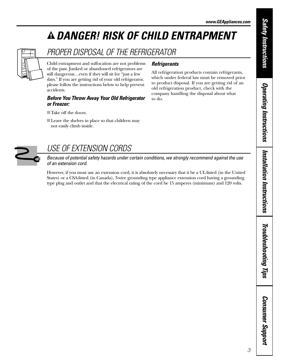Danger! risk of child entrapment, Proper disposal of the refrigerator, Use of extension cords | GE Monogram 23 User Manual | Page 3 / 108