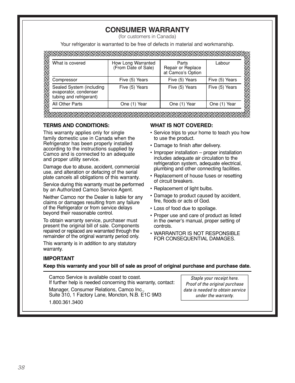 Warranty (canadian), Consumer warranty | GE Monogram 23 User Manual | Page 38 / 108