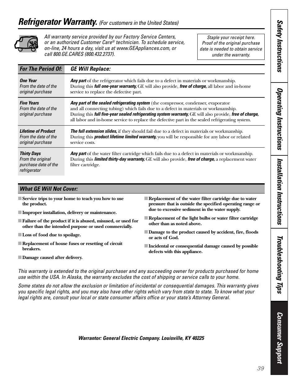 Warranty (u.s.), Refrigerator warranty | GE Monogram 23 User Manual | Page 39 / 108