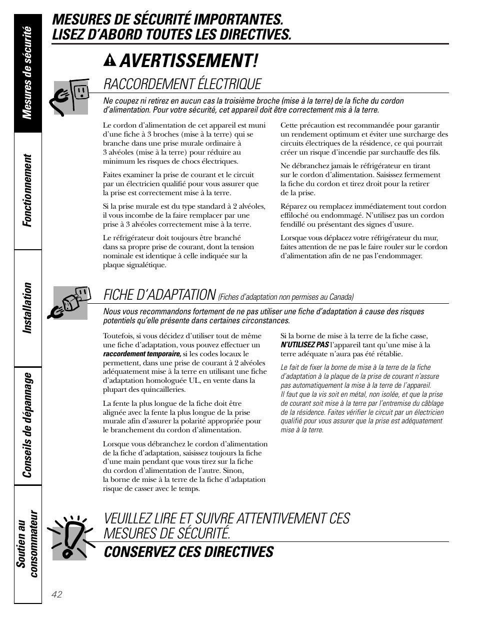 Avertissement, Raccordement électrique, Fiche d’adaptation | GE Monogram 23 User Manual | Page 42 / 108