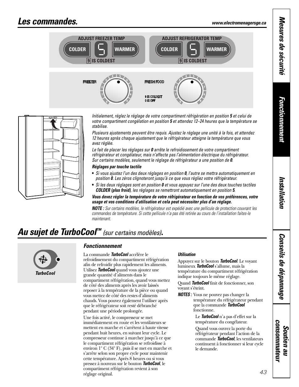 Fonctionnement, Les commandes, Turbocool | Au sujet de turbocool | GE Monogram 23 User Manual | Page 43 / 108