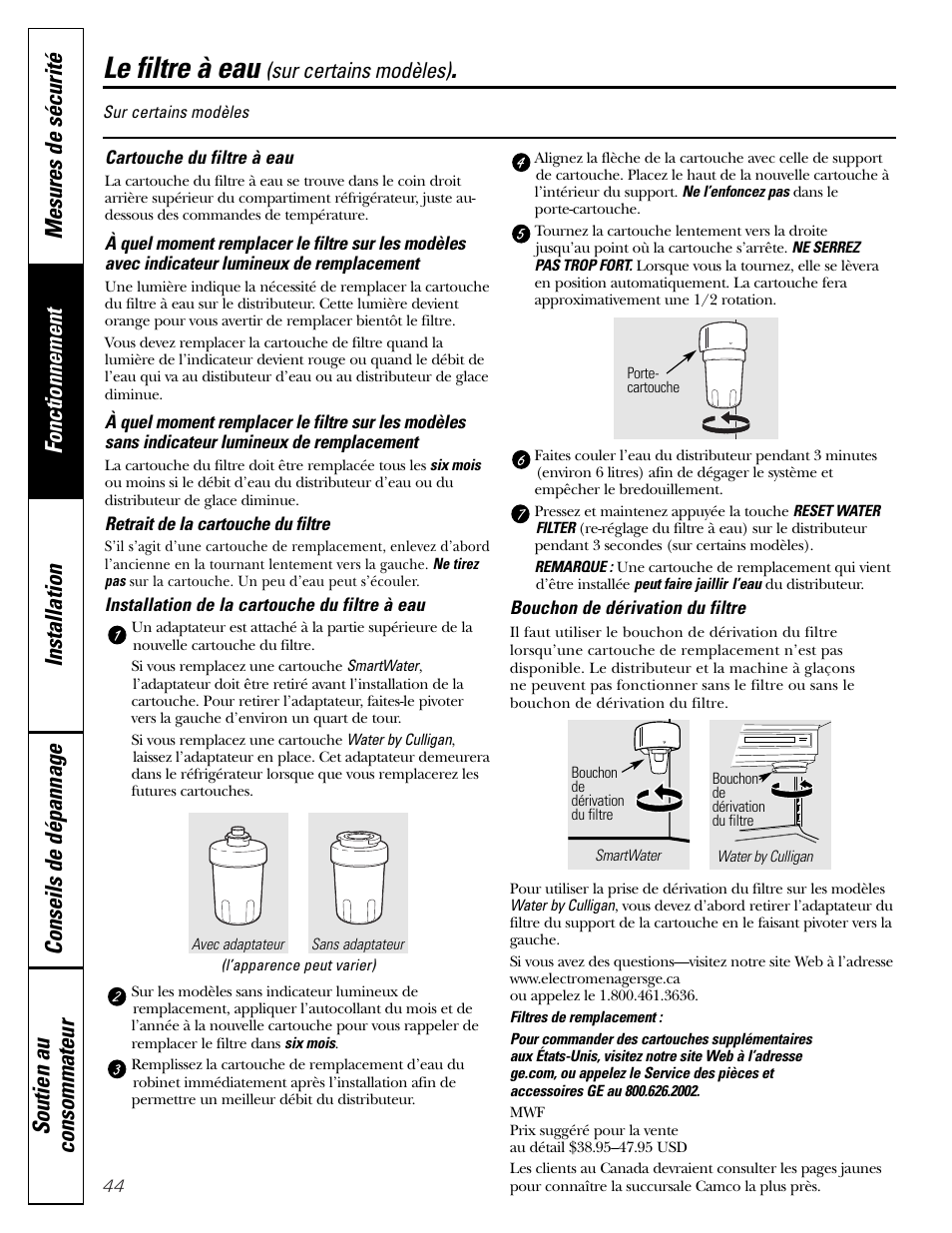 Le filtre à eau, Sur certains modèles) | GE Monogram 23 User Manual | Page 44 / 108