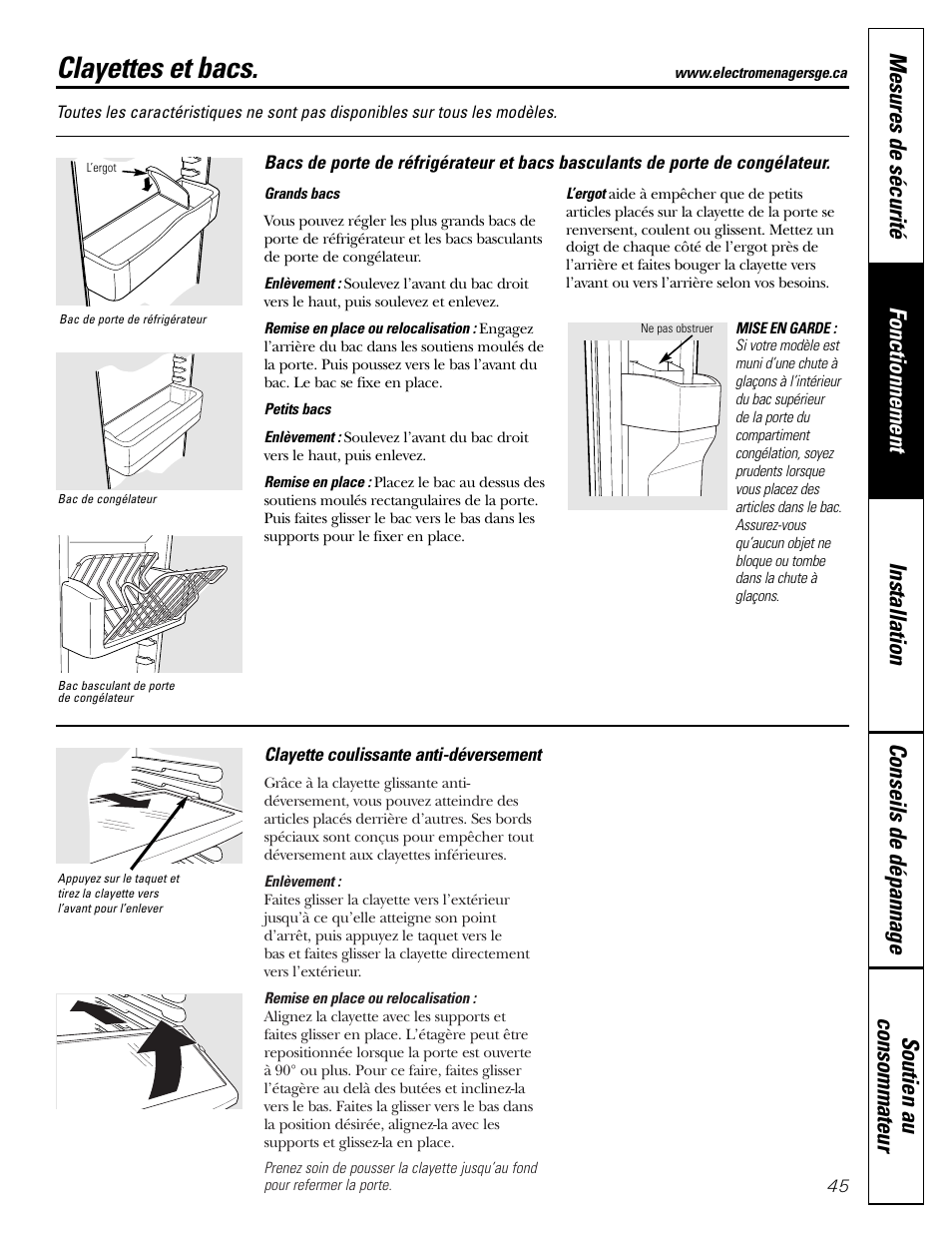 Clayettes et bacs, Clayettes et bacs , 46 | GE Monogram 23 User Manual | Page 45 / 108