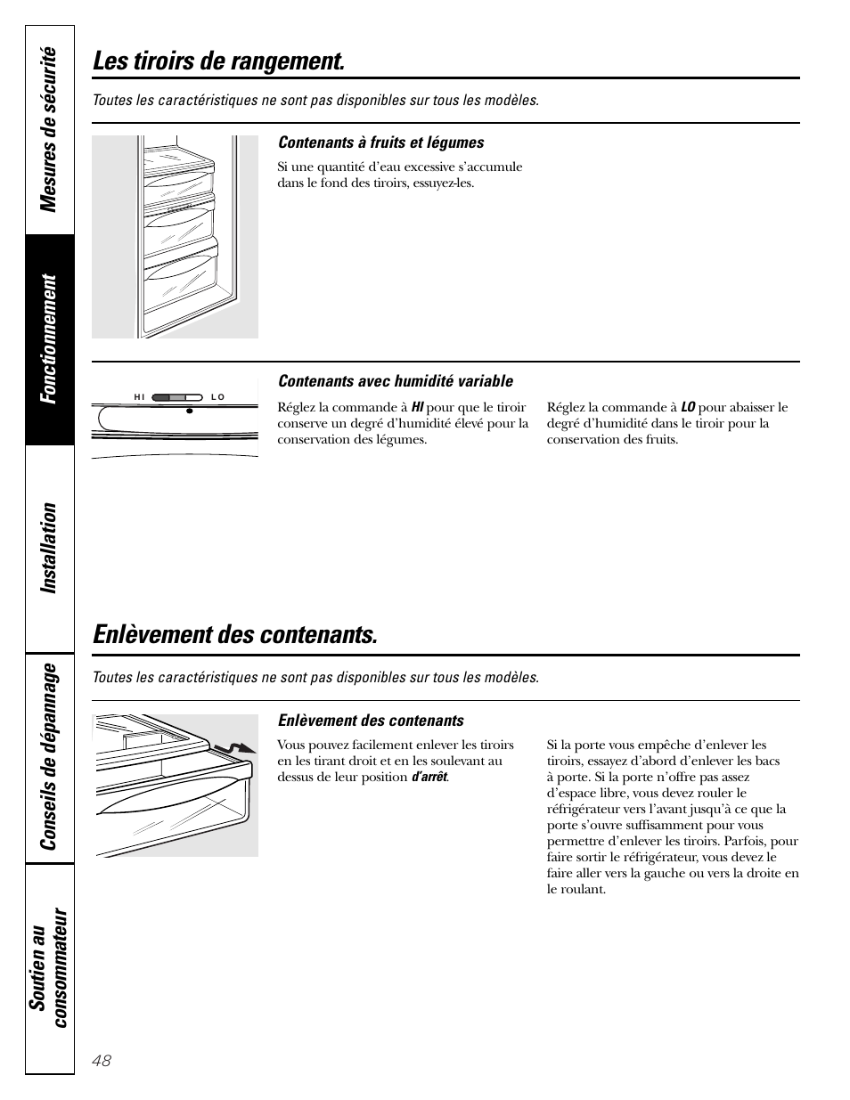 Les tiroirs et contenants à légume, Enlèvement des contenants, Les tiroirs de rangement | GE Monogram 23 User Manual | Page 48 / 108