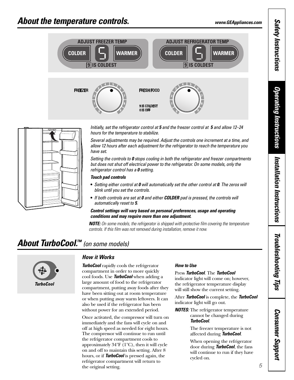 Operating instructions, Temperature controls, Turbocool | Temperature controls turbocool, About the temperature controls, About turbocool | GE Monogram 23 User Manual | Page 5 / 108