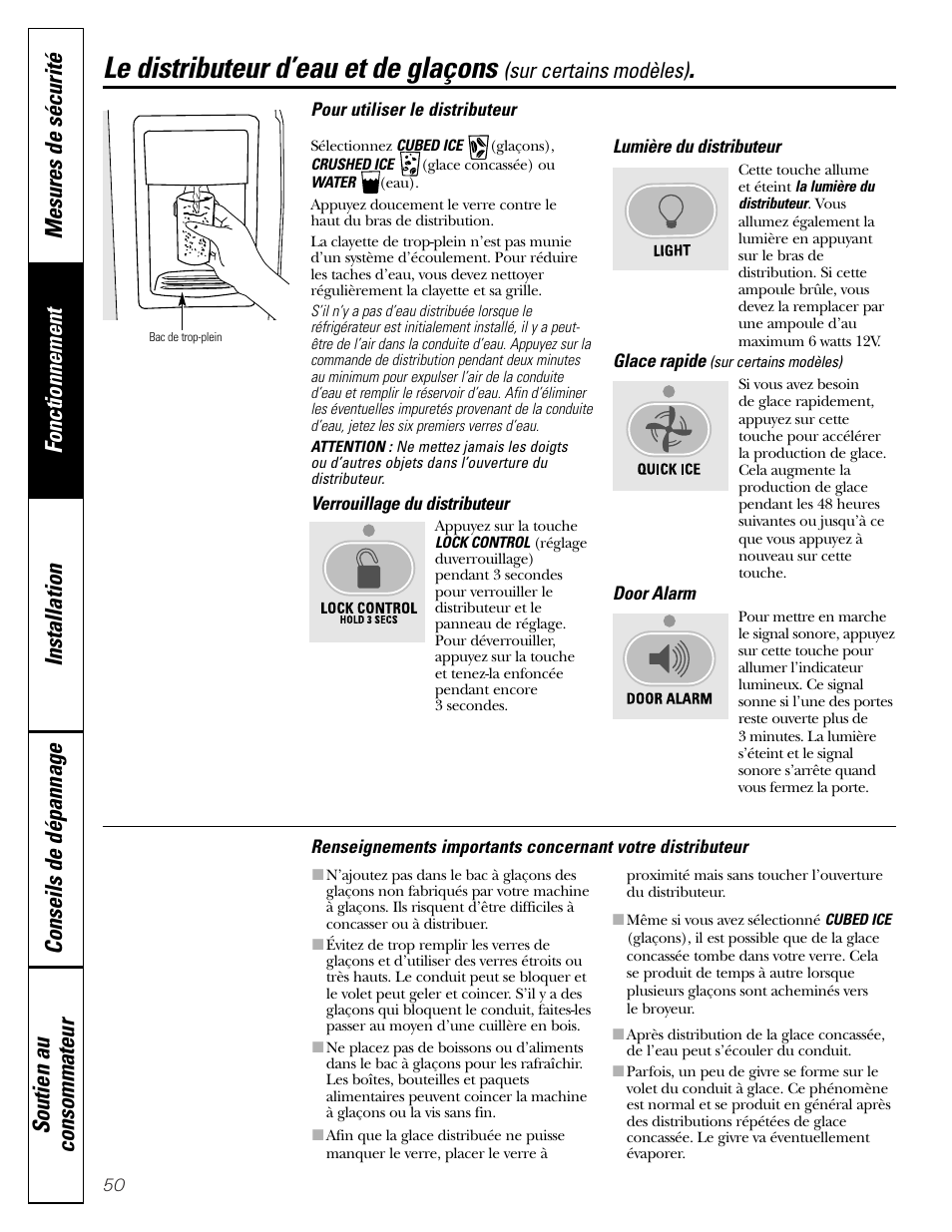 Le distributeur d’eau et de glaçons, Le distributeur d’eau et de glaçons , 51 | GE Monogram 23 User Manual | Page 50 / 108