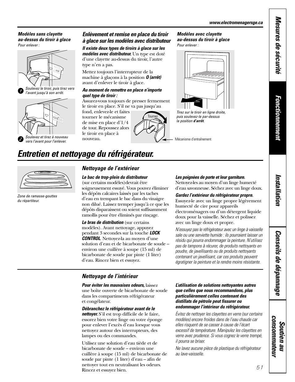 Entretien et nettoyage du réfrigérateur, Entretien et nettoyage du réfrigérateur , 52 | GE Monogram 23 User Manual | Page 51 / 108