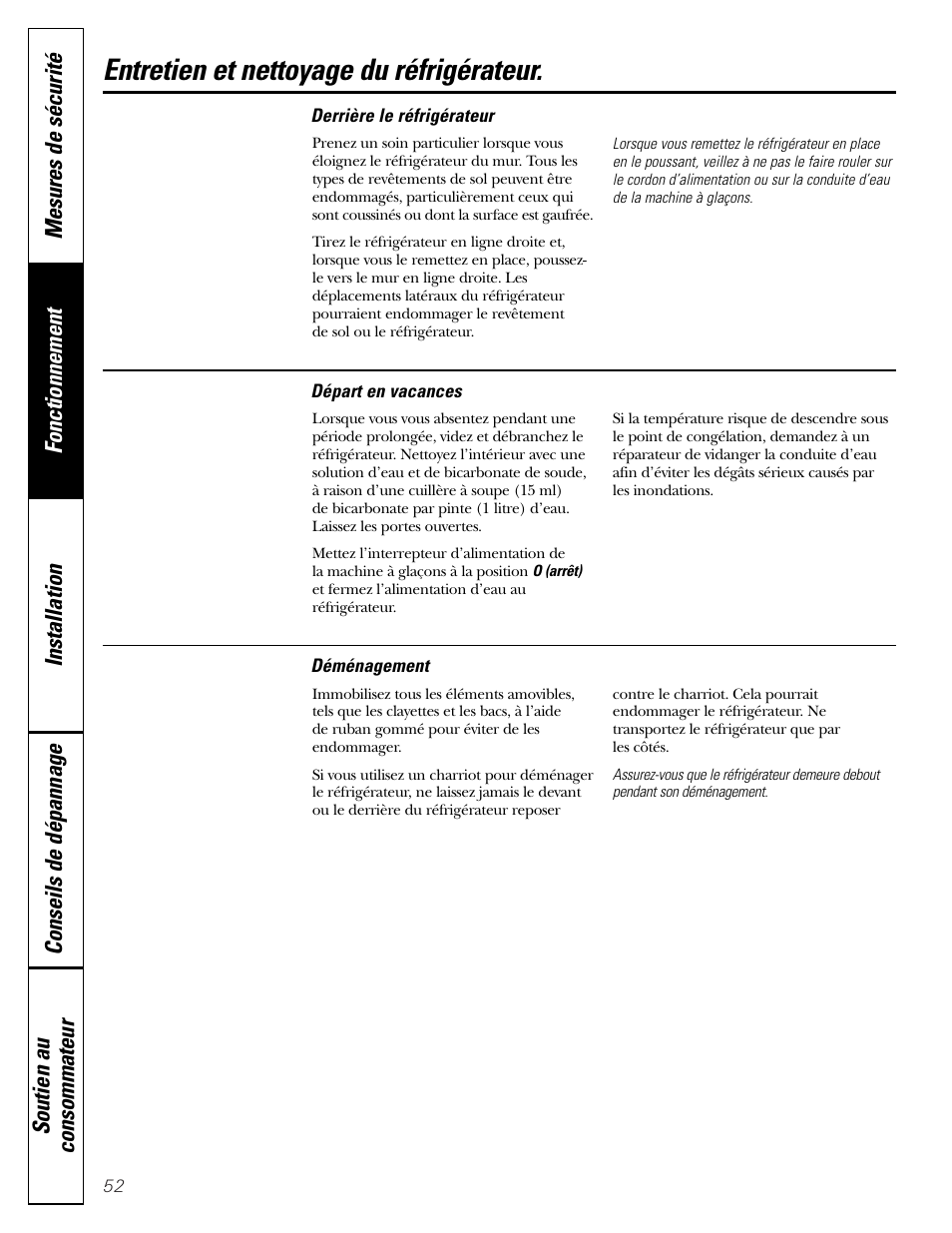 Entretien et nettoyage du réfrigérateur | GE Monogram 23 User Manual | Page 52 / 108
