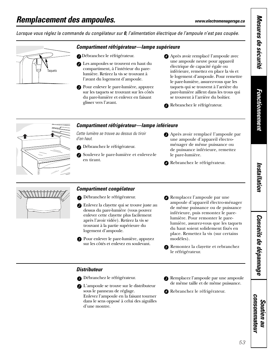 Remplacement des ampoules | GE Monogram 23 User Manual | Page 53 / 108