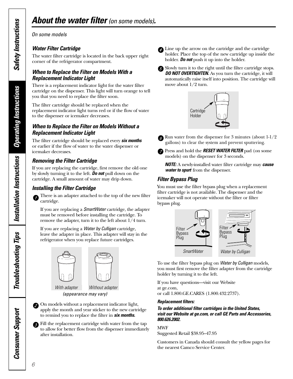 Water filter, About the water filter, On some models) | GE Monogram 23 User Manual | Page 6 / 108