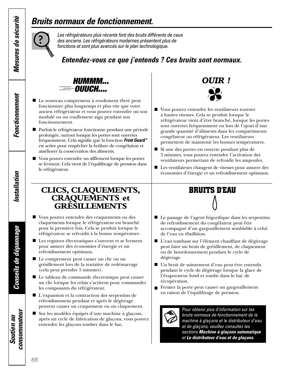 Conseils de dépannage, Bruits de fonctionnement normaux, Bruits normaux de fonctionnement | Hummm... ouuch, Clics, claquements, craquements et grésillements, Bruits d’eau, Ouir | GE Monogram 23 User Manual | Page 66 / 108