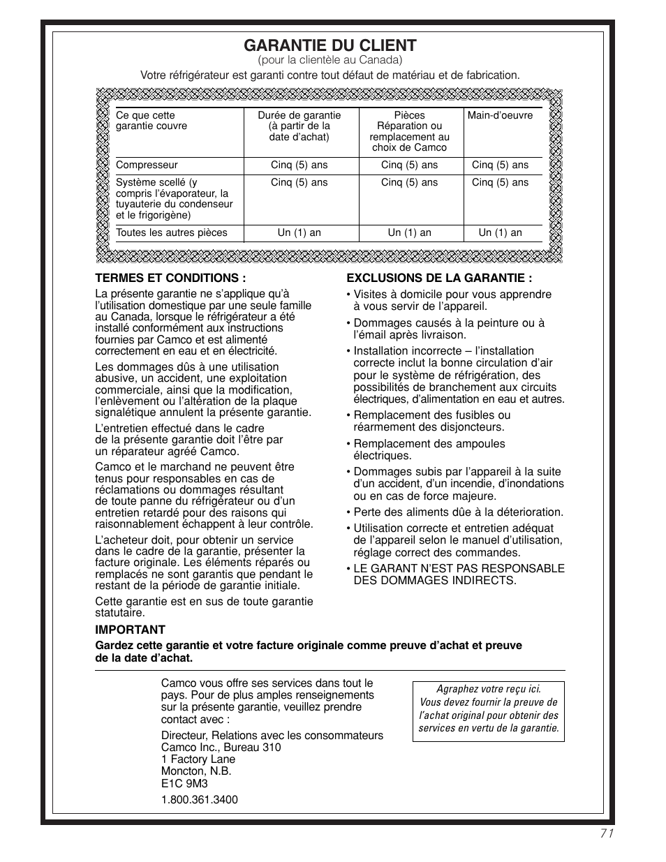 Garantie pour la clientèle au canada, Garantie du client | GE Monogram 23 User Manual | Page 71 / 108