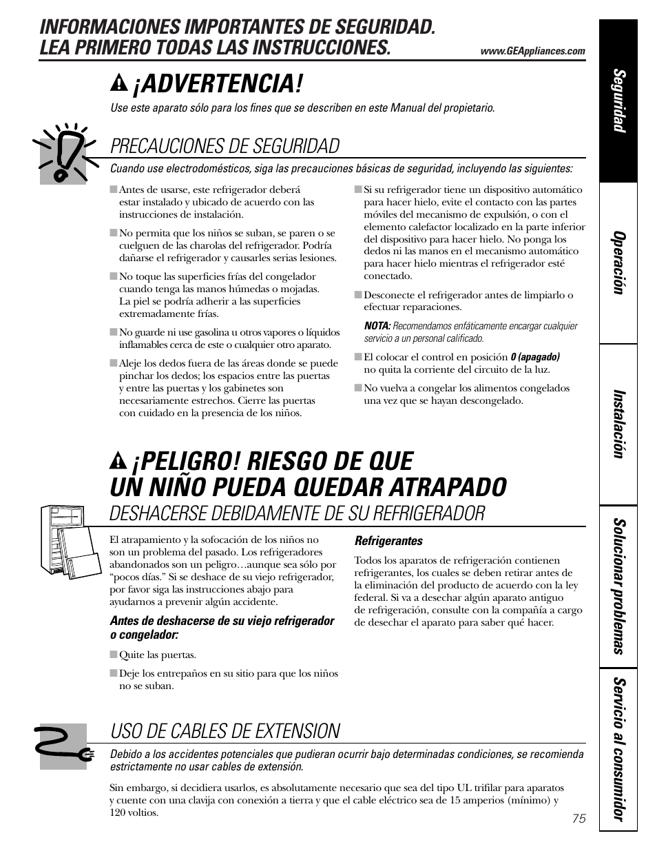 Información de seguridad, Advertencia, Precauciones de seguridad | Deshacerse debidamente de su refrigerador, Uso de cables de extension | GE Monogram 23 User Manual | Page 75 / 108
