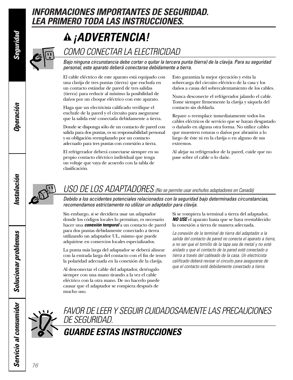 Advertencia, Como conectar la electricidad, Uso de los adaptadores | GE Monogram 23 User Manual | Page 76 / 108