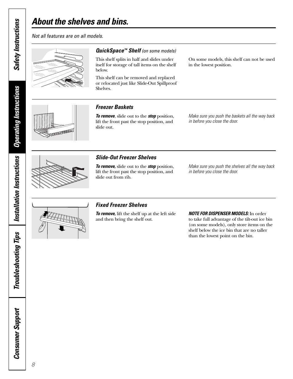 About the shelves and bins | GE Monogram 23 User Manual | Page 8 / 108