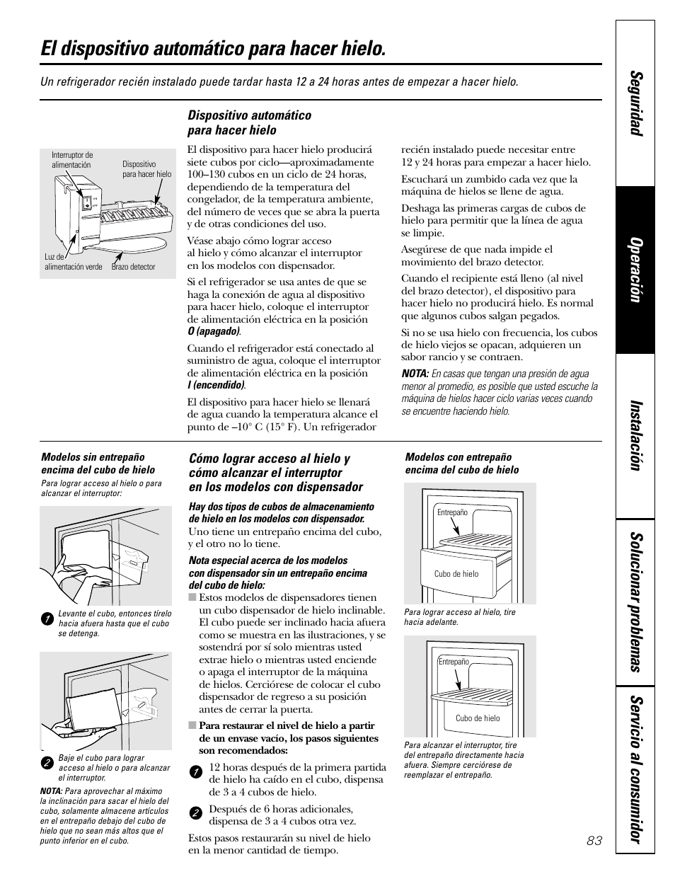 El dispositivo automático para hacer hielo | GE Monogram 23 User Manual | Page 83 / 108