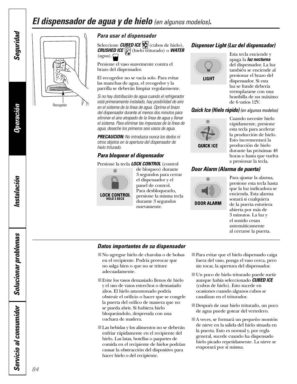 El dispensador de agua y de hielo, El dispensador de agua y de hielo , 85 | GE Monogram 23 User Manual | Page 84 / 108