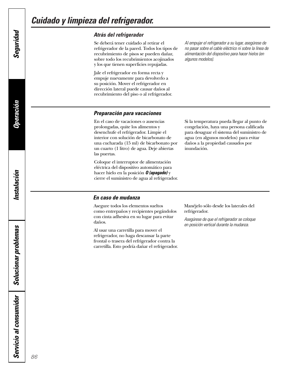 Cuidado y limpieza del refrigerador | GE Monogram 23 User Manual | Page 86 / 108