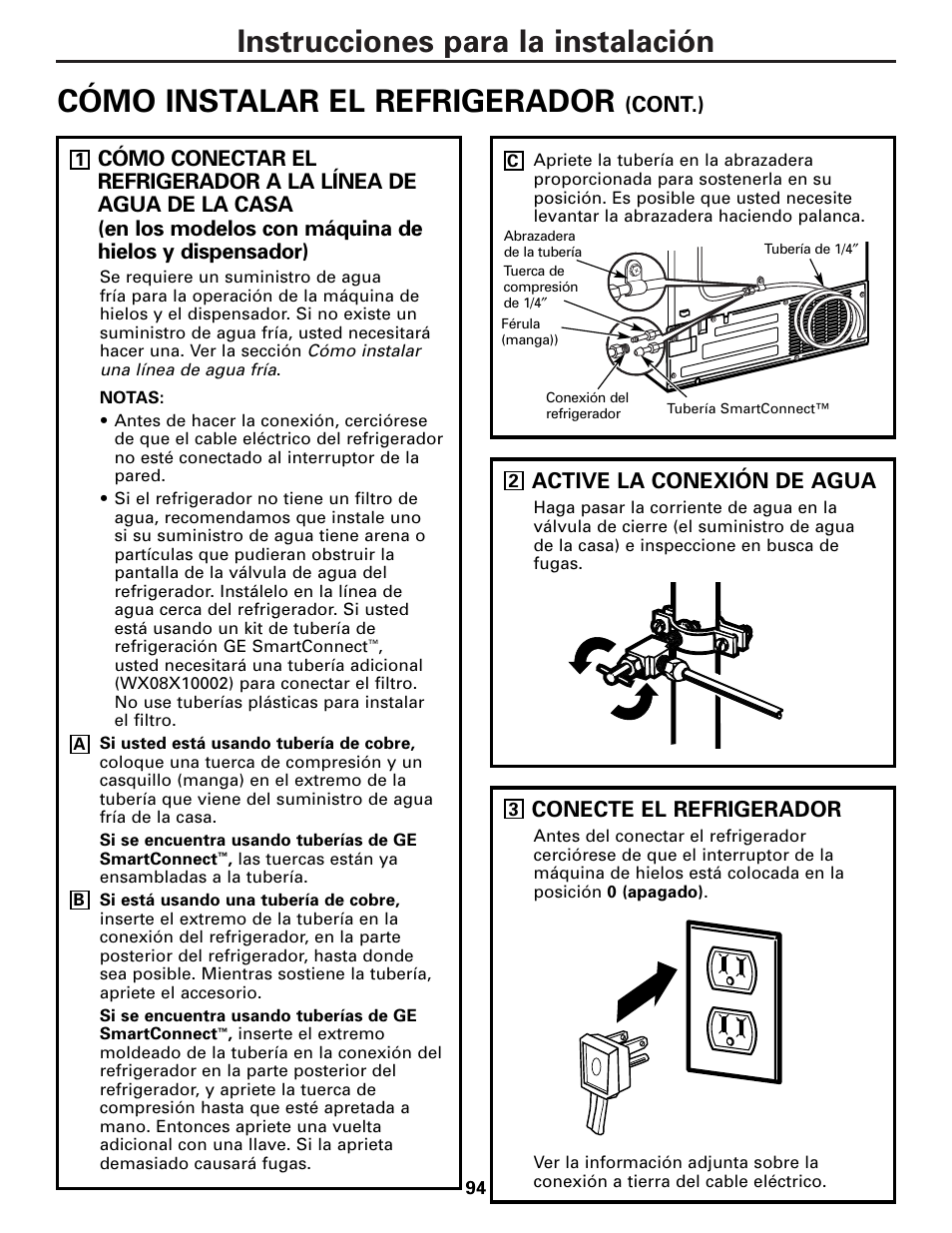 Cont.), Active la conexión de agua, Conecte el refrigerador | GE Monogram 23 User Manual | Page 94 / 108