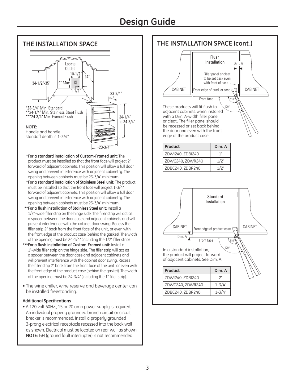 The installation space, Design guide, The installation space (cont.) | GE Monogram ZDWI240WII User Manual | Page 3 / 8