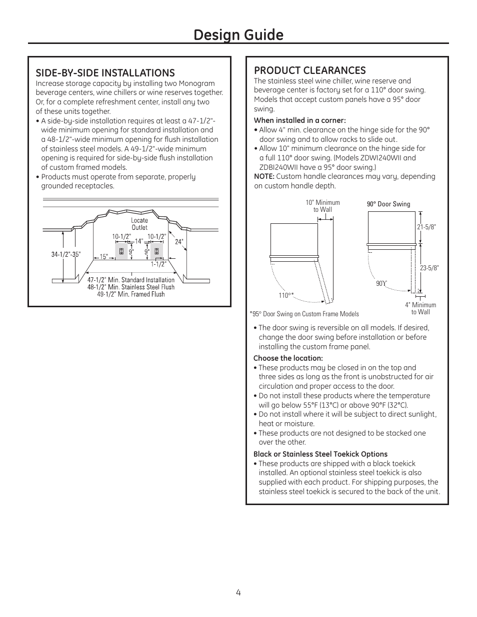 Side-by-side installations, Product clearances, Side-by-side installations product clearances | Design guide, 615dia8 | GE Monogram ZDWI240WII User Manual | Page 4 / 8