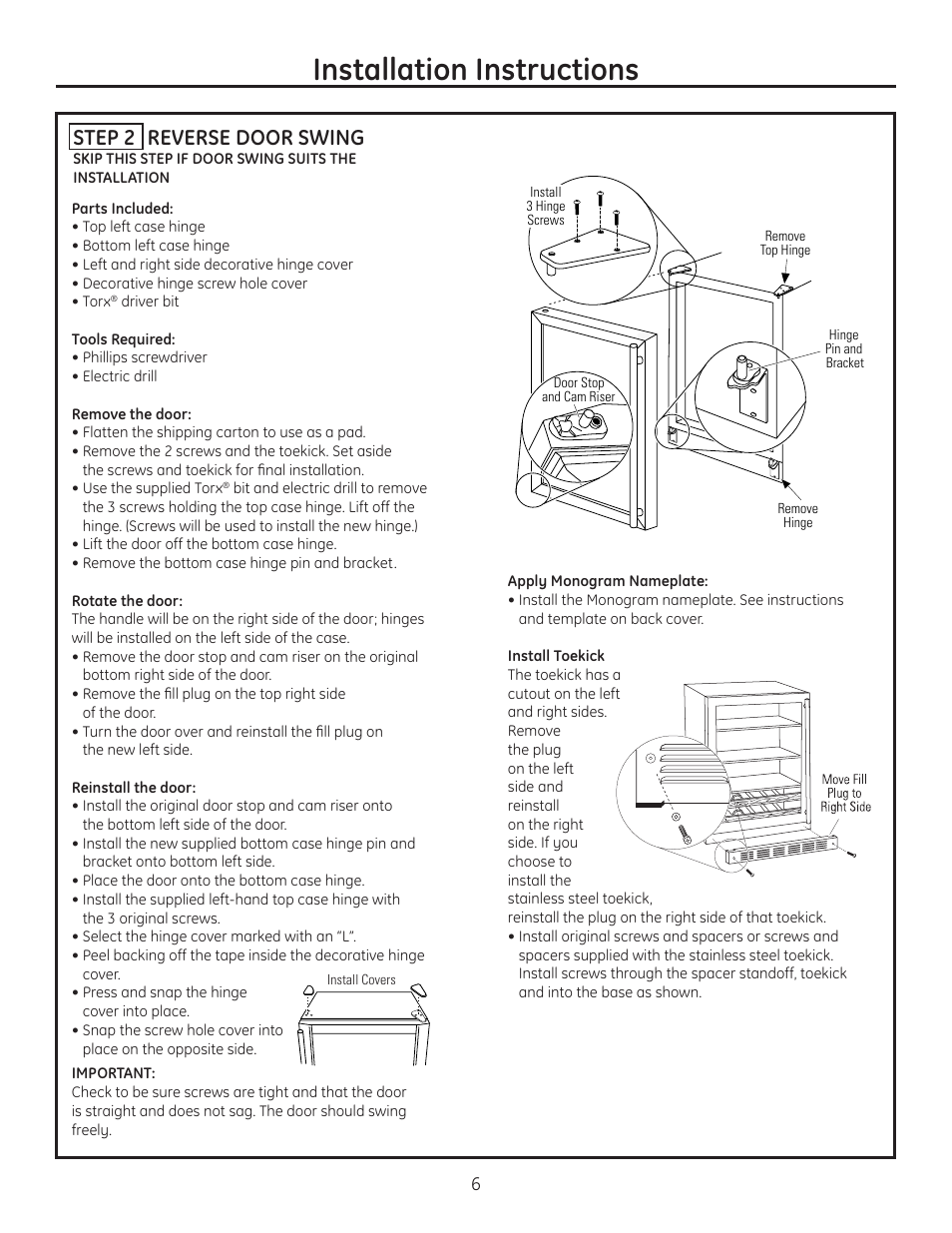Step 2, reverse door swing, Installation instructions, Step 2 reverse door swing | GE Monogram ZDWI240WII User Manual | Page 6 / 8