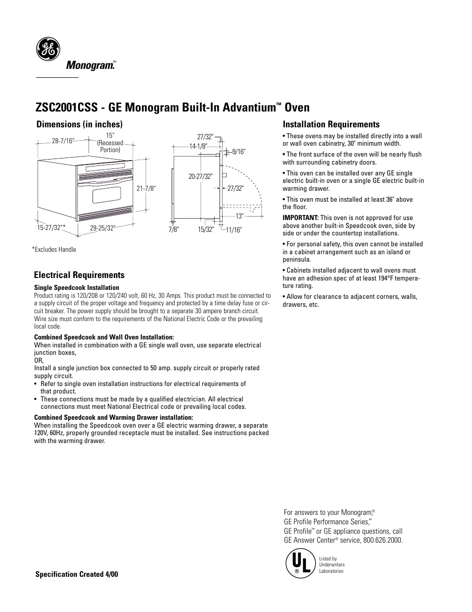 GE Monogram MONOGRAM ZSC2001CSS User Manual | 3 pages