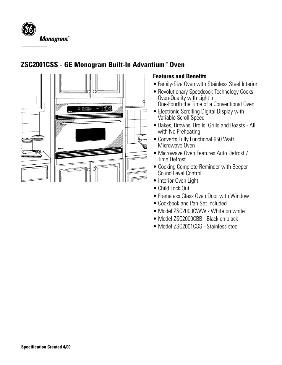 Zsc2001css - ge monogram built-in advantium, Oven, Monogram | GE Monogram MONOGRAM ZSC2001CSS User Manual | Page 3 / 3