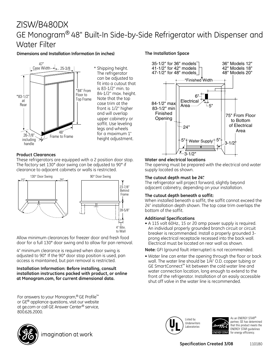 GE Monogram ZISW/B480DX User Manual | 7 pages