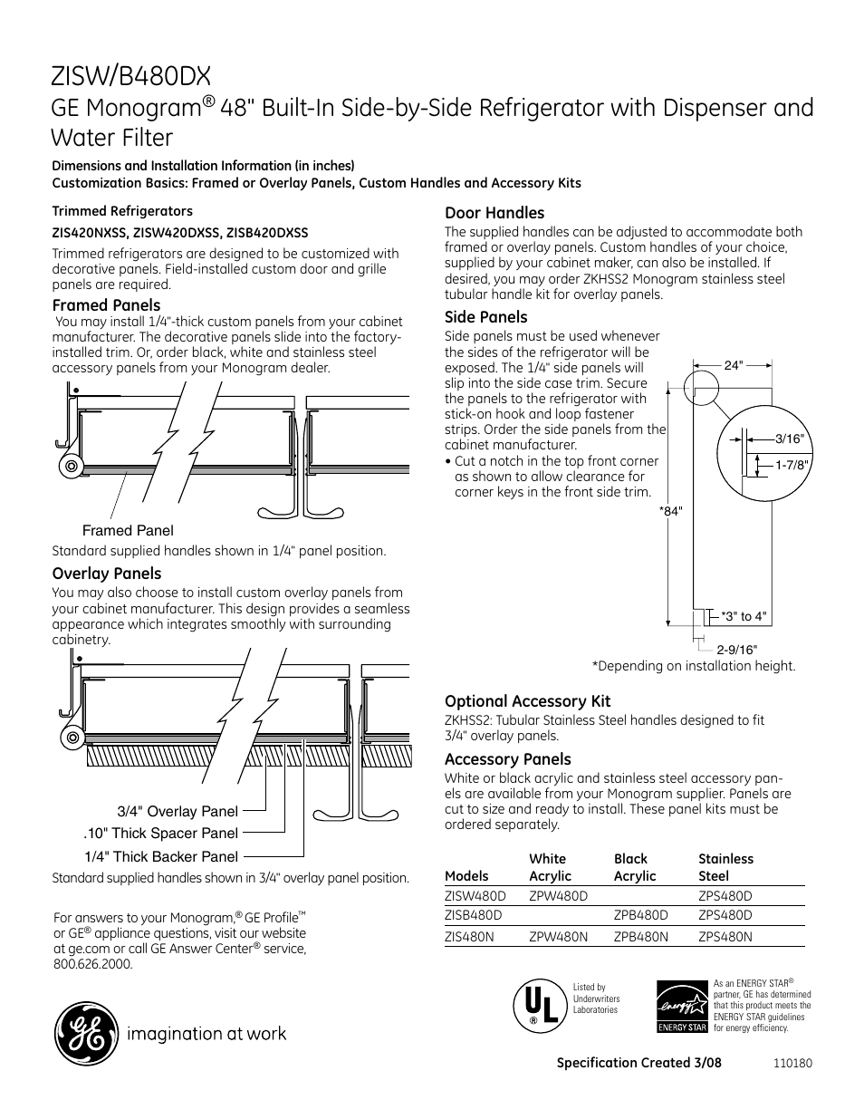 Zisw/b480dx, Ge monogram | GE Monogram ZISW/B480DX User Manual | Page 2 / 7