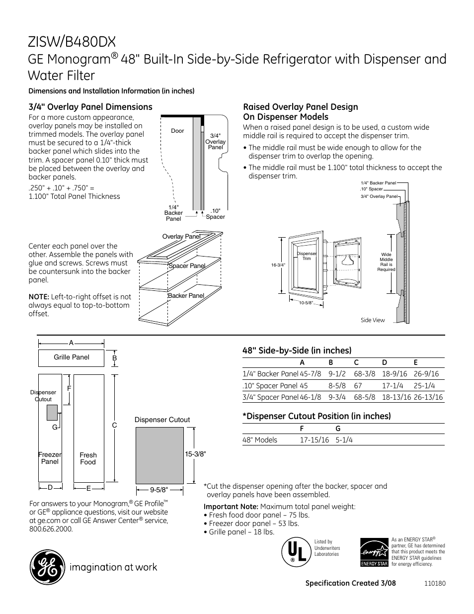 Zisw/b480dx, Ge monogram, 48" side-by-side (in inches) | Dispenser cutout position (in inches), 3/4" overlay panel dimensions, Raised overlay panel design on dispenser models | GE Monogram ZISW/B480DX User Manual | Page 3 / 7