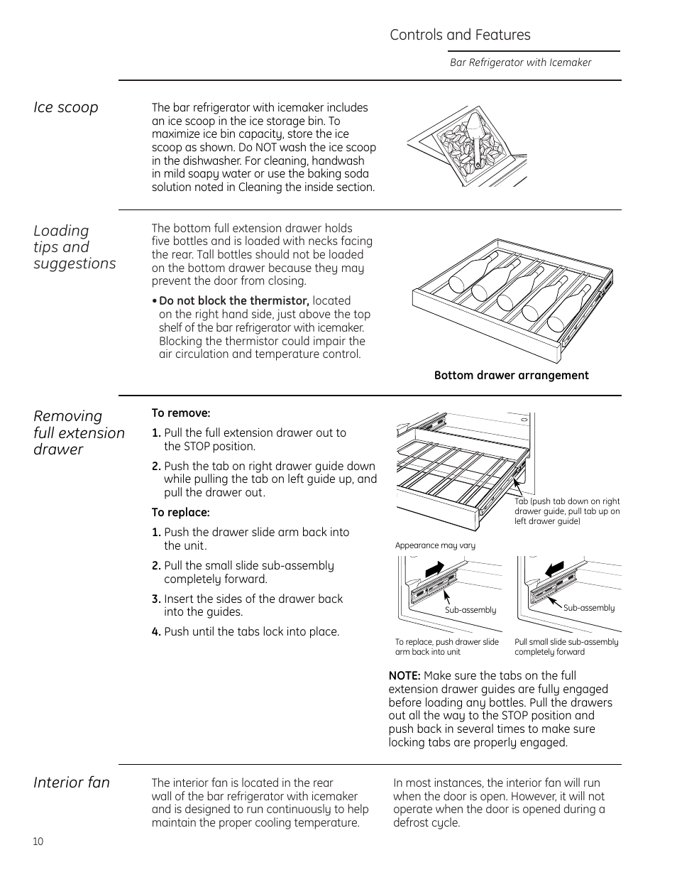 Controls and features, Loading tips and suggestions, Removing full extension drawer | Interior fan ice scoop | GE Monogram ZIBS240PSS User Manual | Page 10 / 20