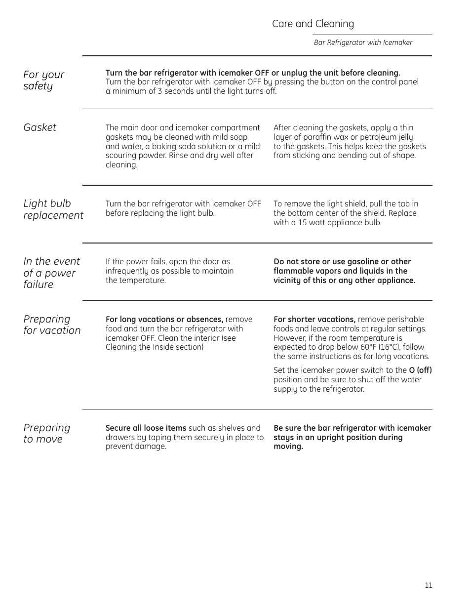 Care and cleaning, Care and cleaning , 12 | GE Monogram ZIBS240PSS User Manual | Page 11 / 20