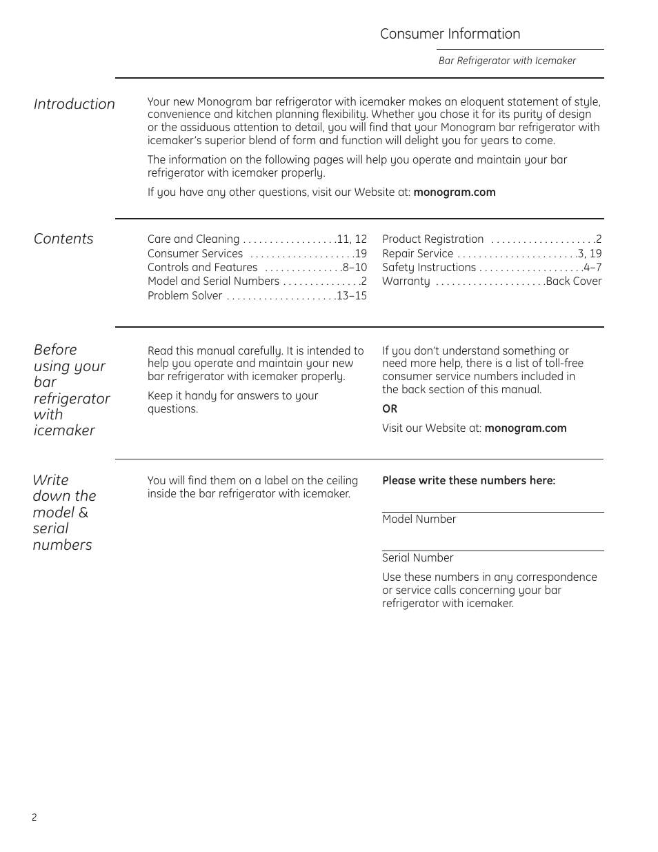Model and serial numbers, Product registration | GE Monogram ZIBS240PSS User Manual | Page 2 / 20