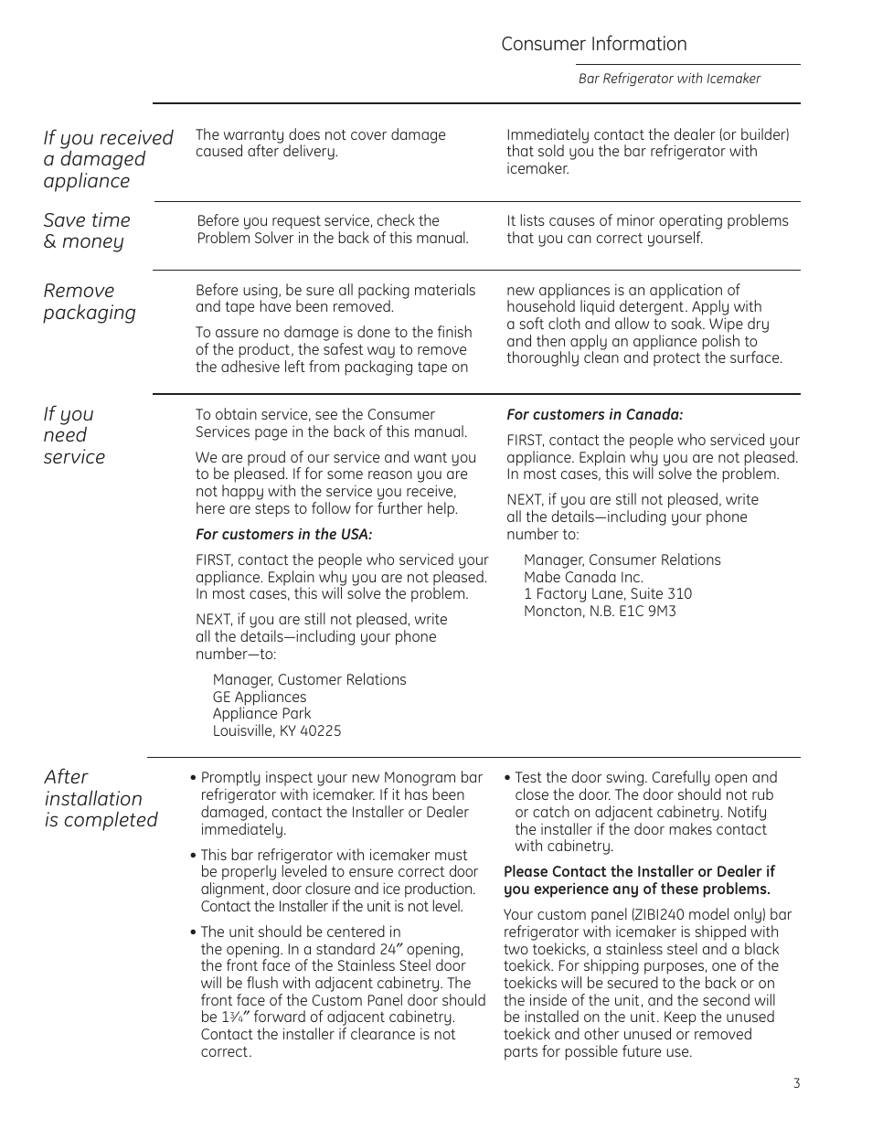 Repair service, Repair service , 19, If you received a damaged appliance | If you need service, Consumer information, After installation is completed, Remove packaging, Save time & money | GE Monogram ZIBS240PSS User Manual | Page 3 / 20