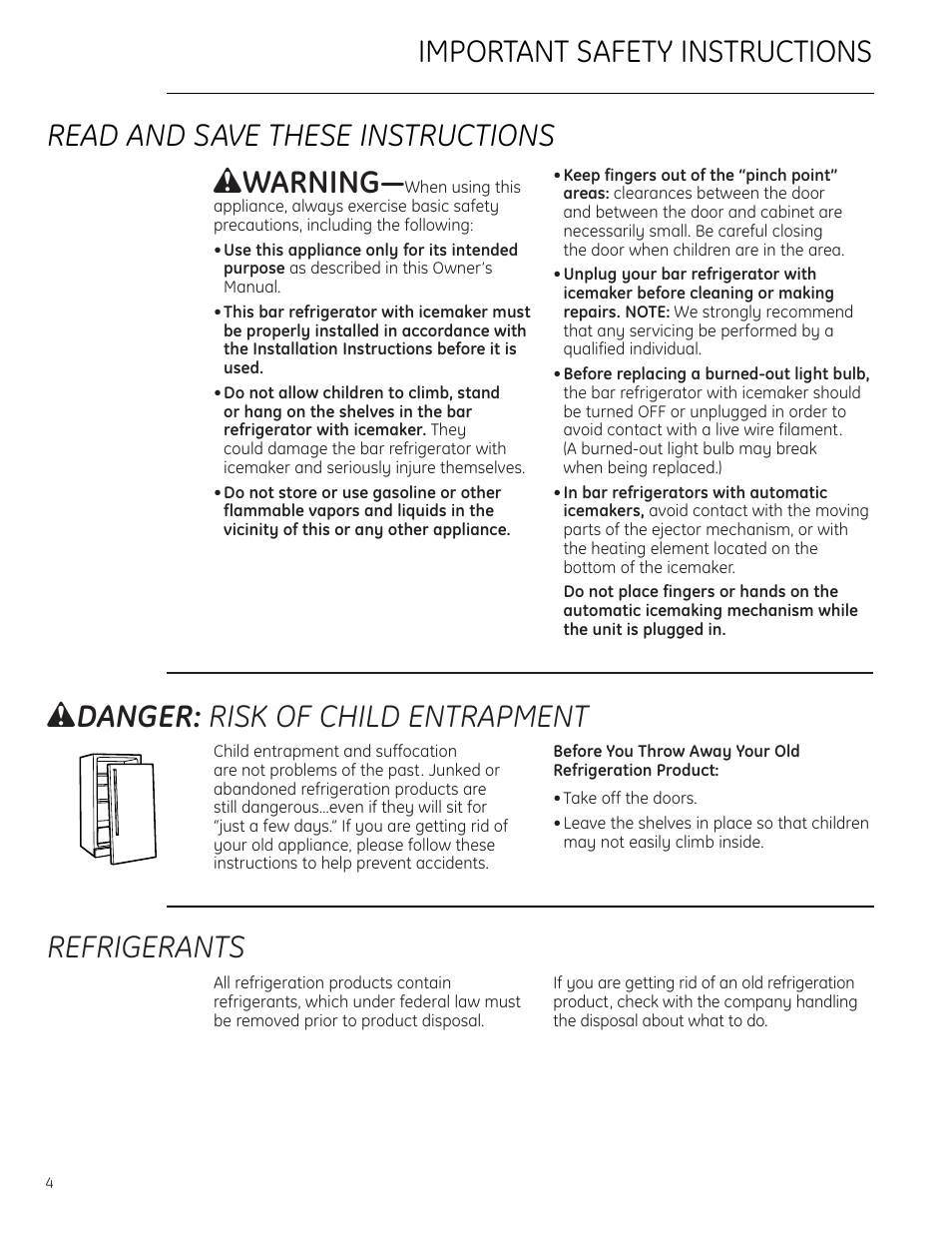 Safety instructions, Safety instructions –7, Refrigerants | W warning, W danger: risk of child entrapment | GE Monogram ZIBS240PSS User Manual | Page 4 / 20