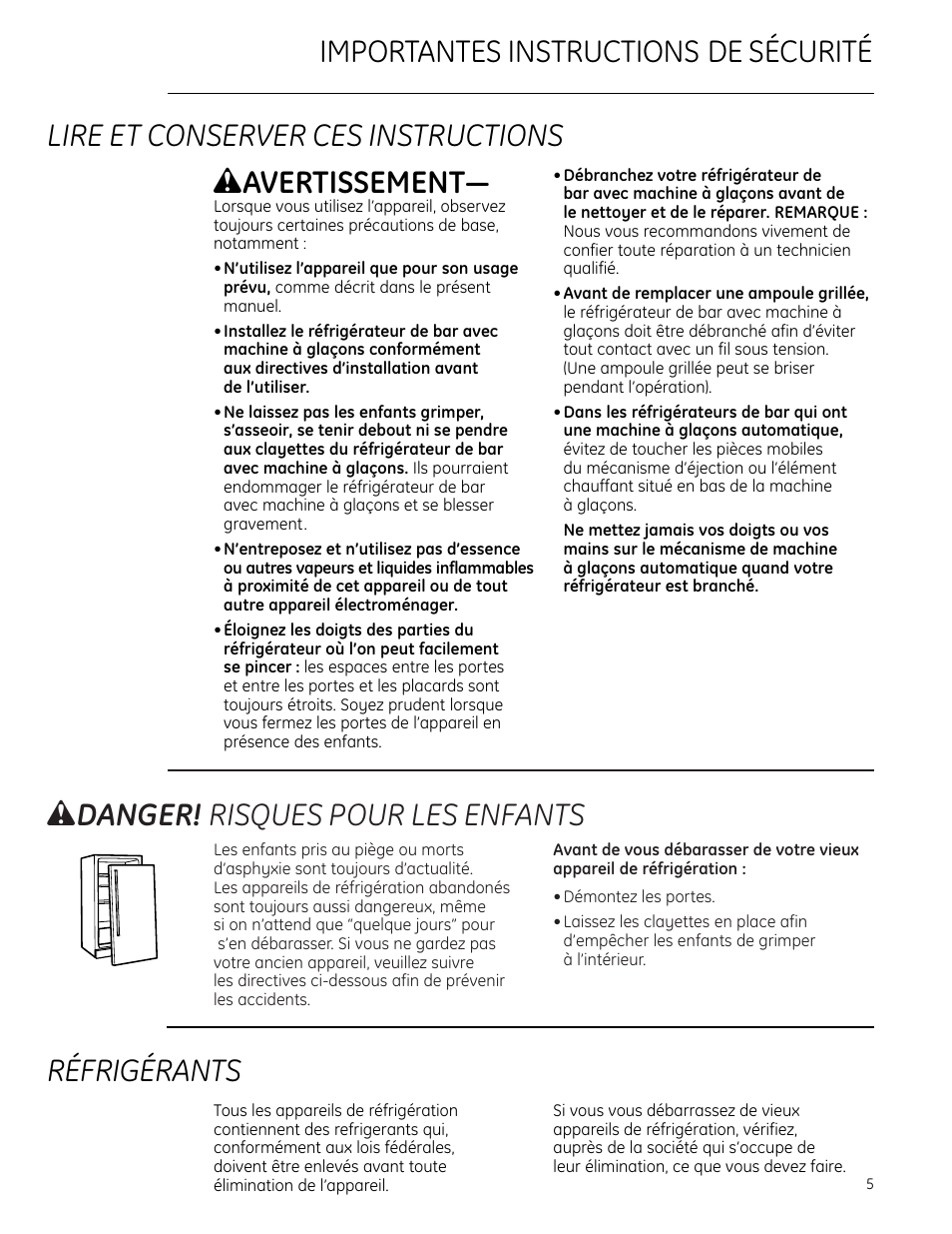 W danger! risques pour les enfants, Réfrigérants, W avertissement | GE Monogram ZIBS240PSS User Manual | Page 5 / 20
