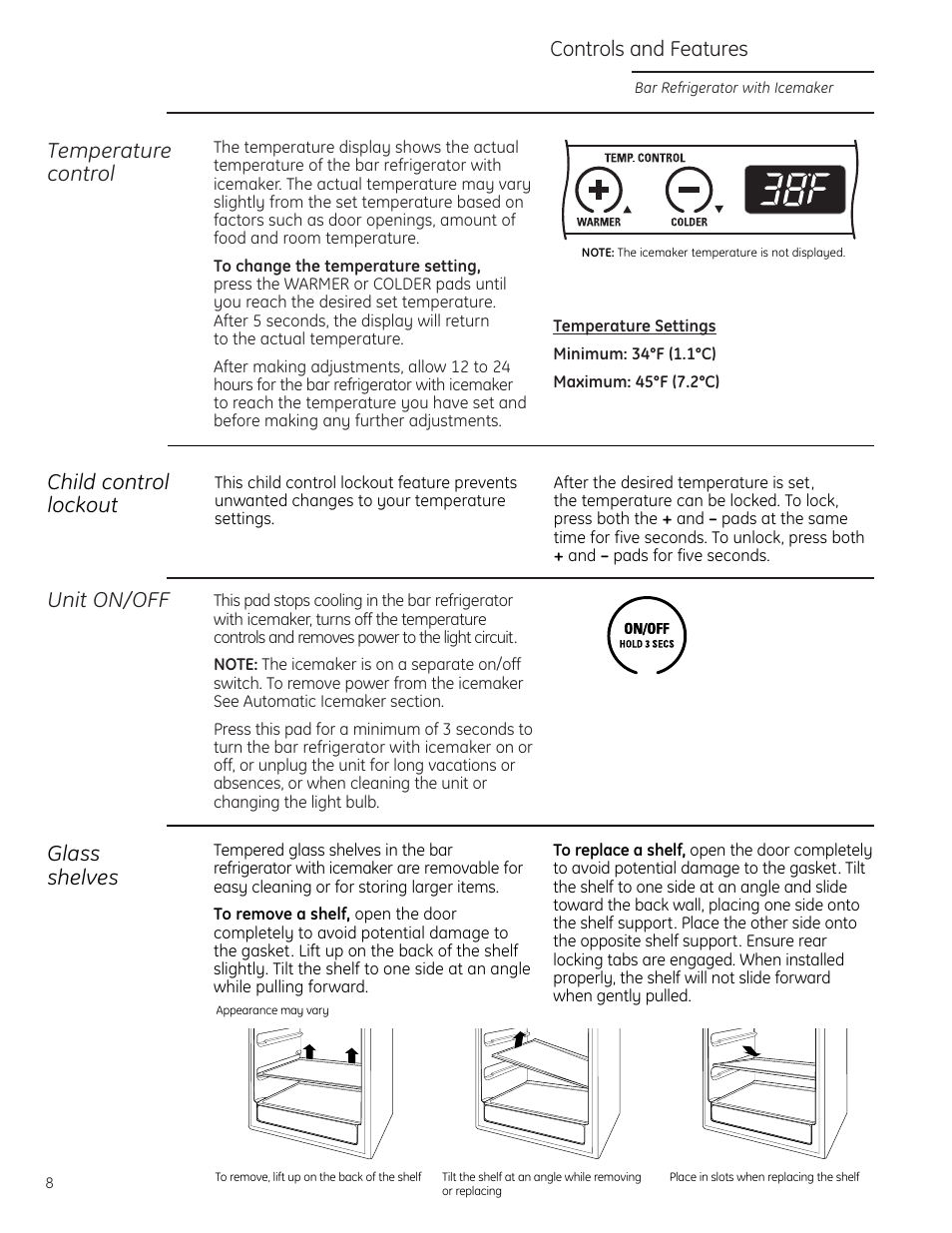 Controls and features, Controls and features –10, Unit on/off | Temperature control, Glass shelves, Child control lockout | GE Monogram ZIBS240PSS User Manual | Page 8 / 20