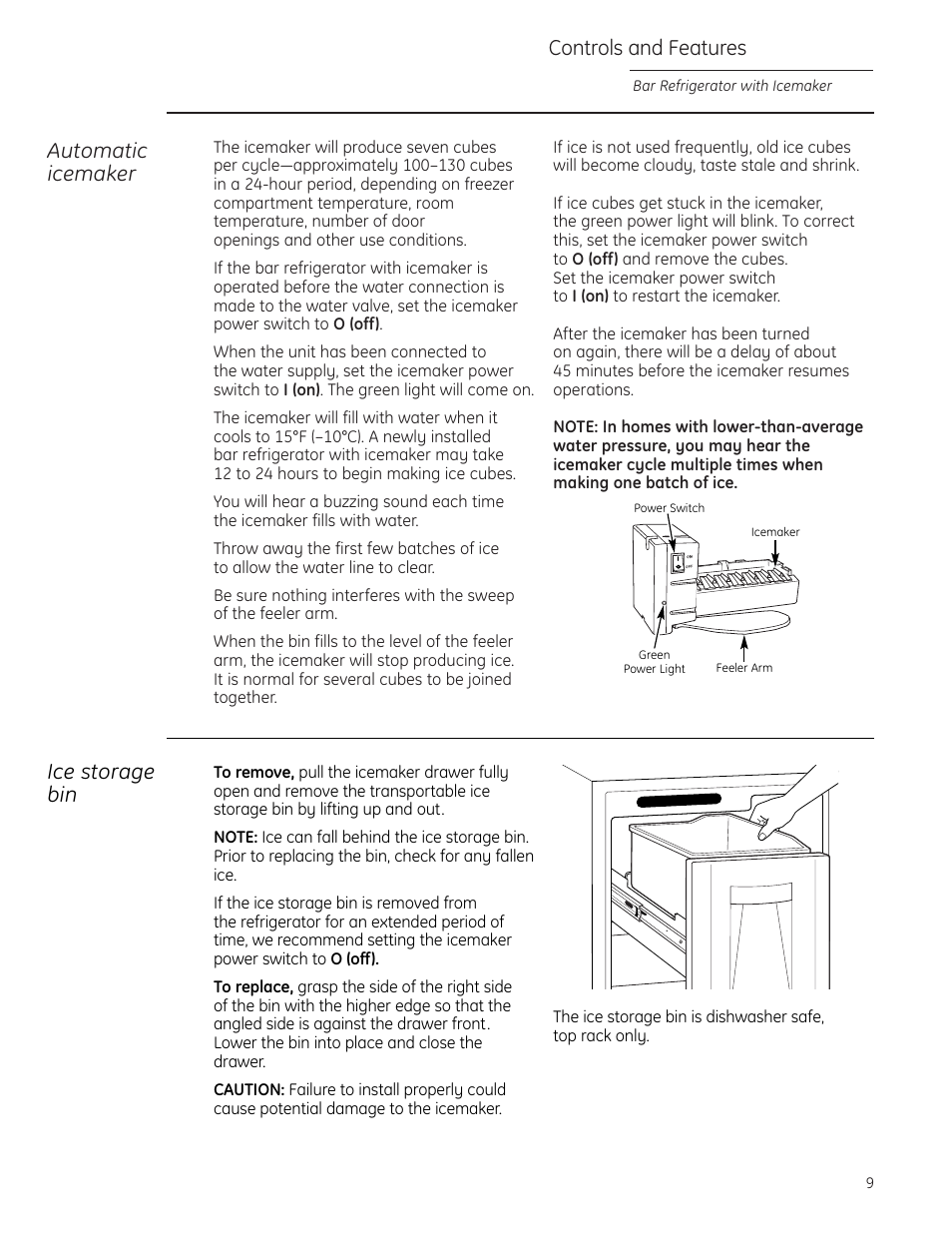 Controls and features, Automatic icemaker, Ice storage bin | GE Monogram ZIBS240PSS User Manual | Page 9 / 20