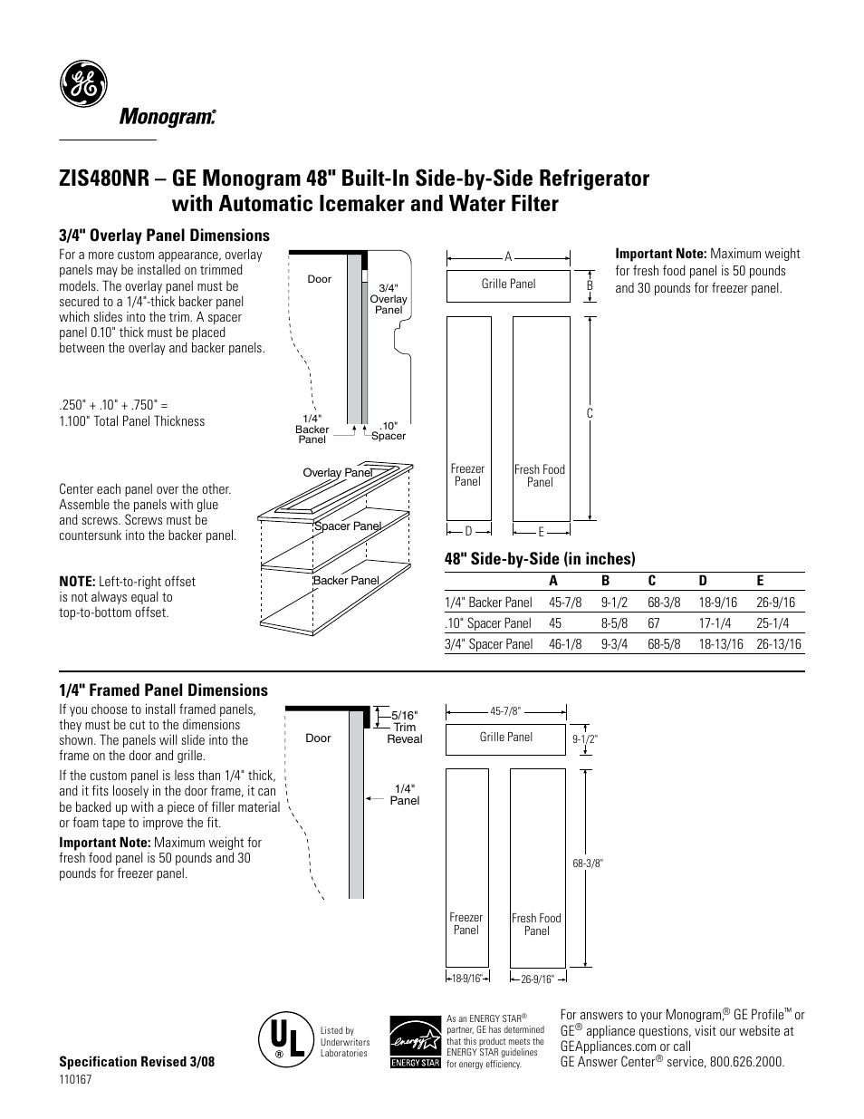 3/4" overlay panel dimensions, 48" side-by-side (in inches), 1/4" framed panel dimensions | GE Monogram ZIS480NR User Manual | Page 3 / 6