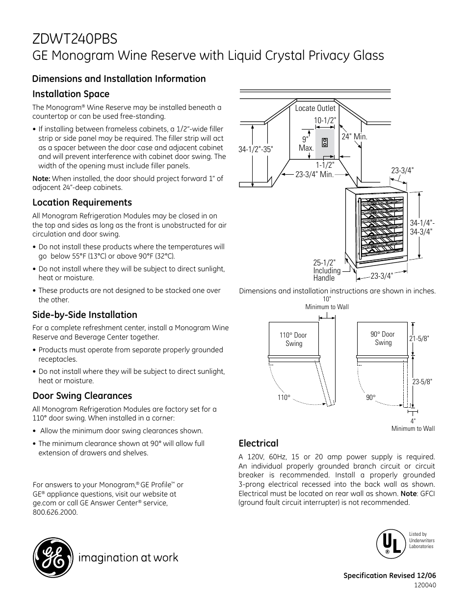 GE Monogram ZDWT240PBS User Manual | 3 pages