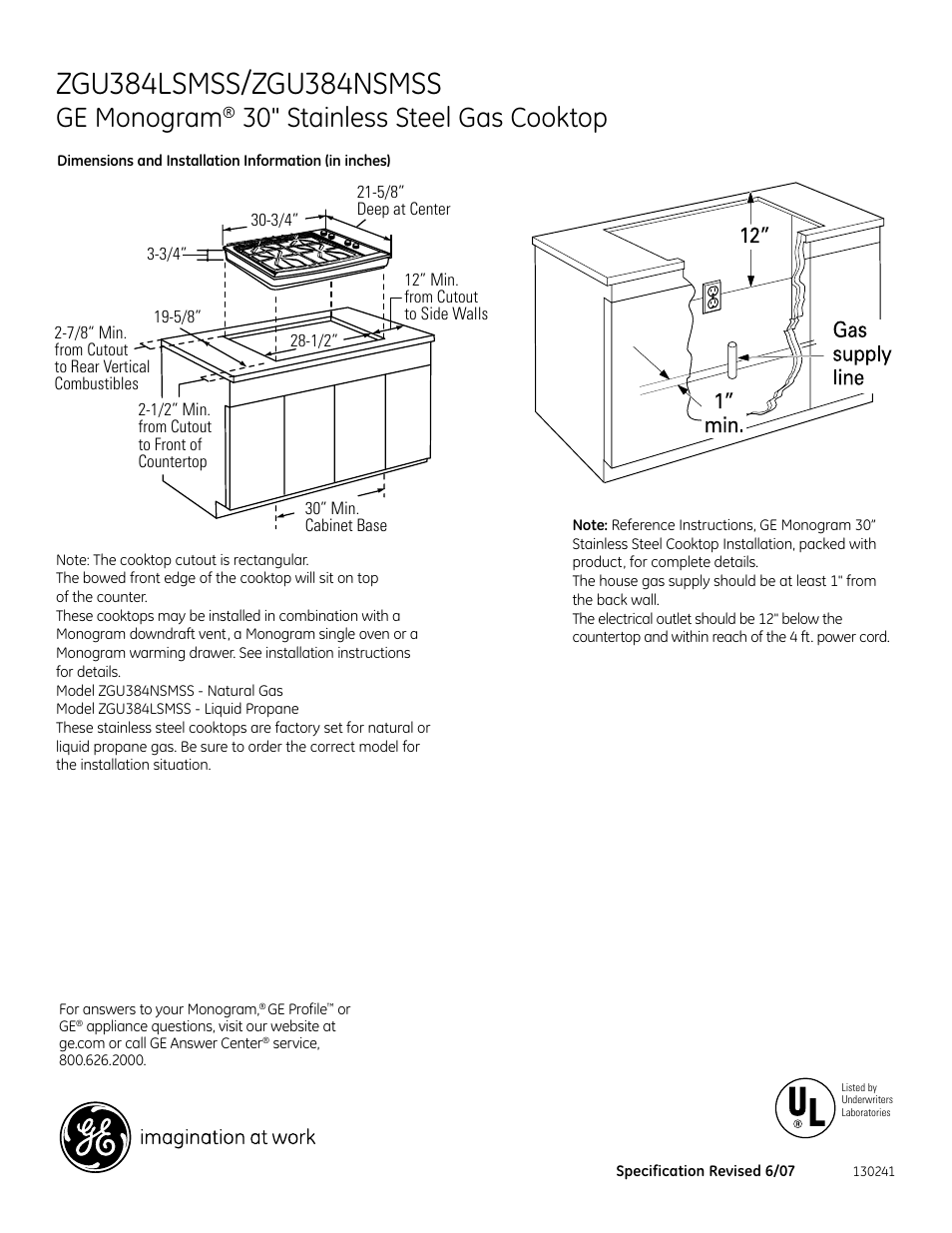 GE ZGU384LSMSS User Manual | 2 pages