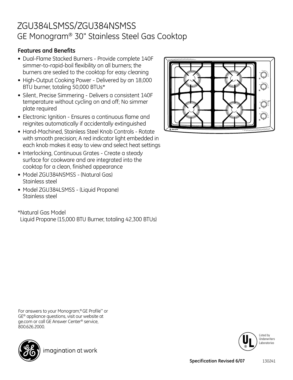 Ge monogram, 30" stainless steel gas cooktop, Features and benefits | GE ZGU384LSMSS User Manual | Page 2 / 2