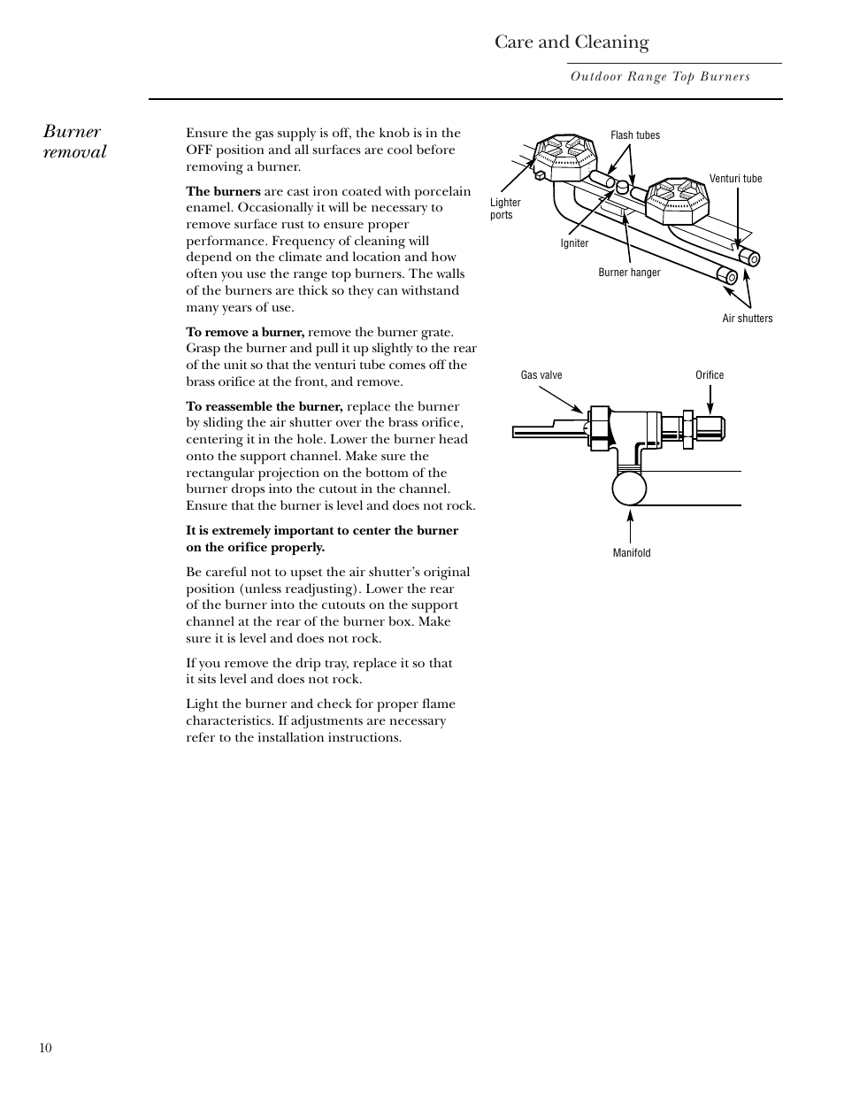 Burners, Care and cleaning, Burner removal | GE Monogram ZX2YSS User Manual | Page 10 / 16