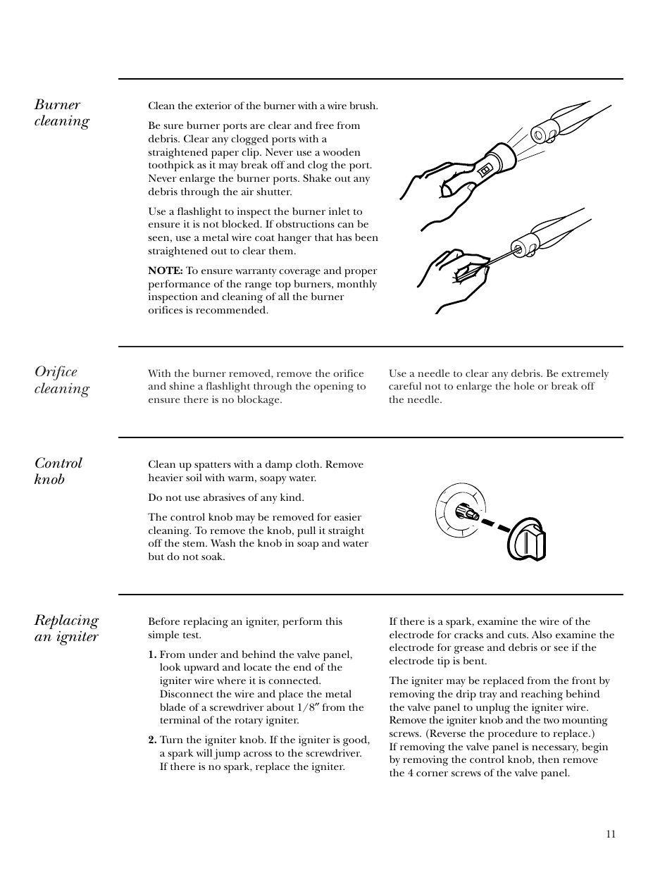 Control knobs, Orifice cleaning, Burner cleaning | Control knob, Replacing an igniter | GE Monogram ZX2YSS User Manual | Page 11 / 16