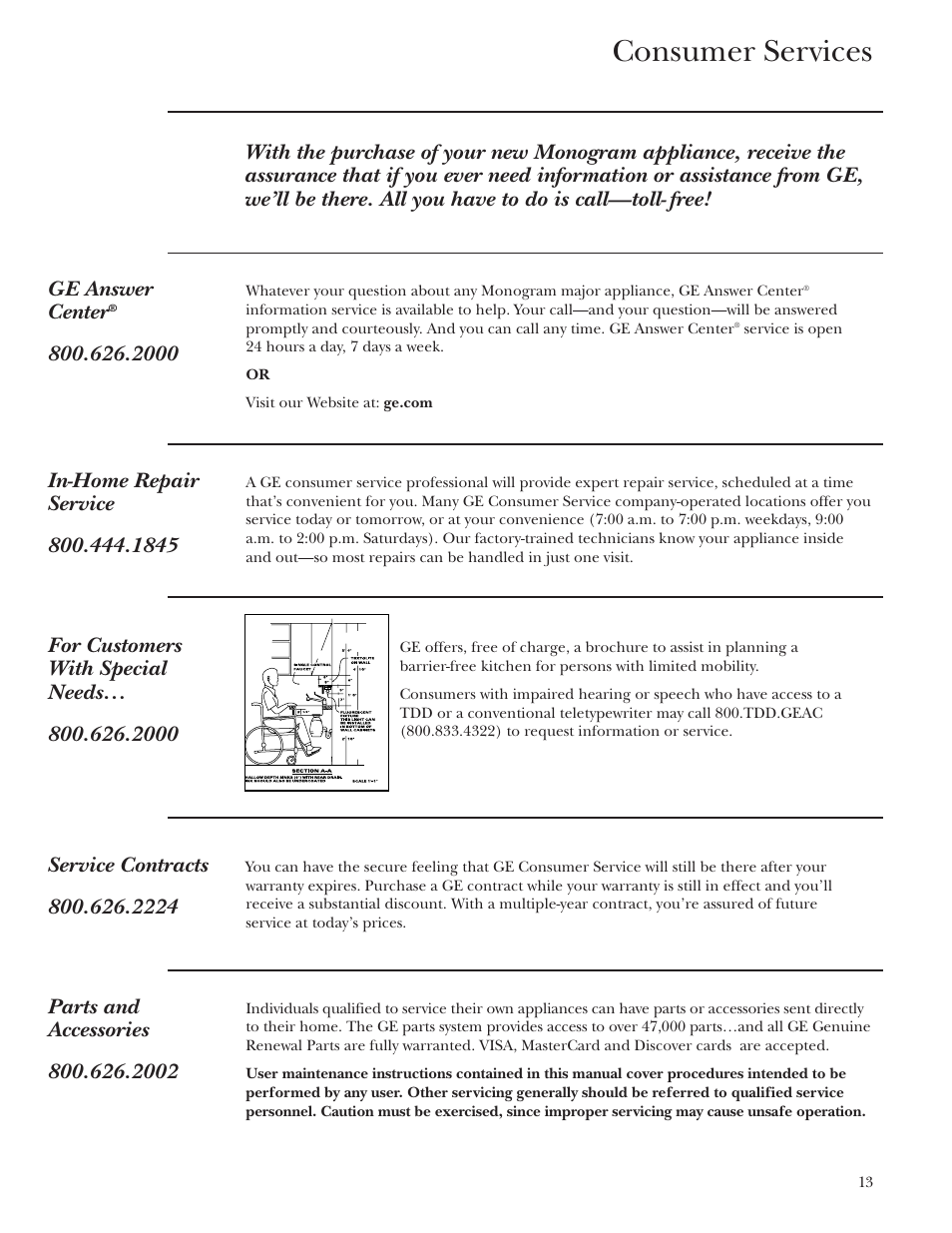 Important phone numbers, Consumer services | GE Monogram ZX2YSS User Manual | Page 13 / 16