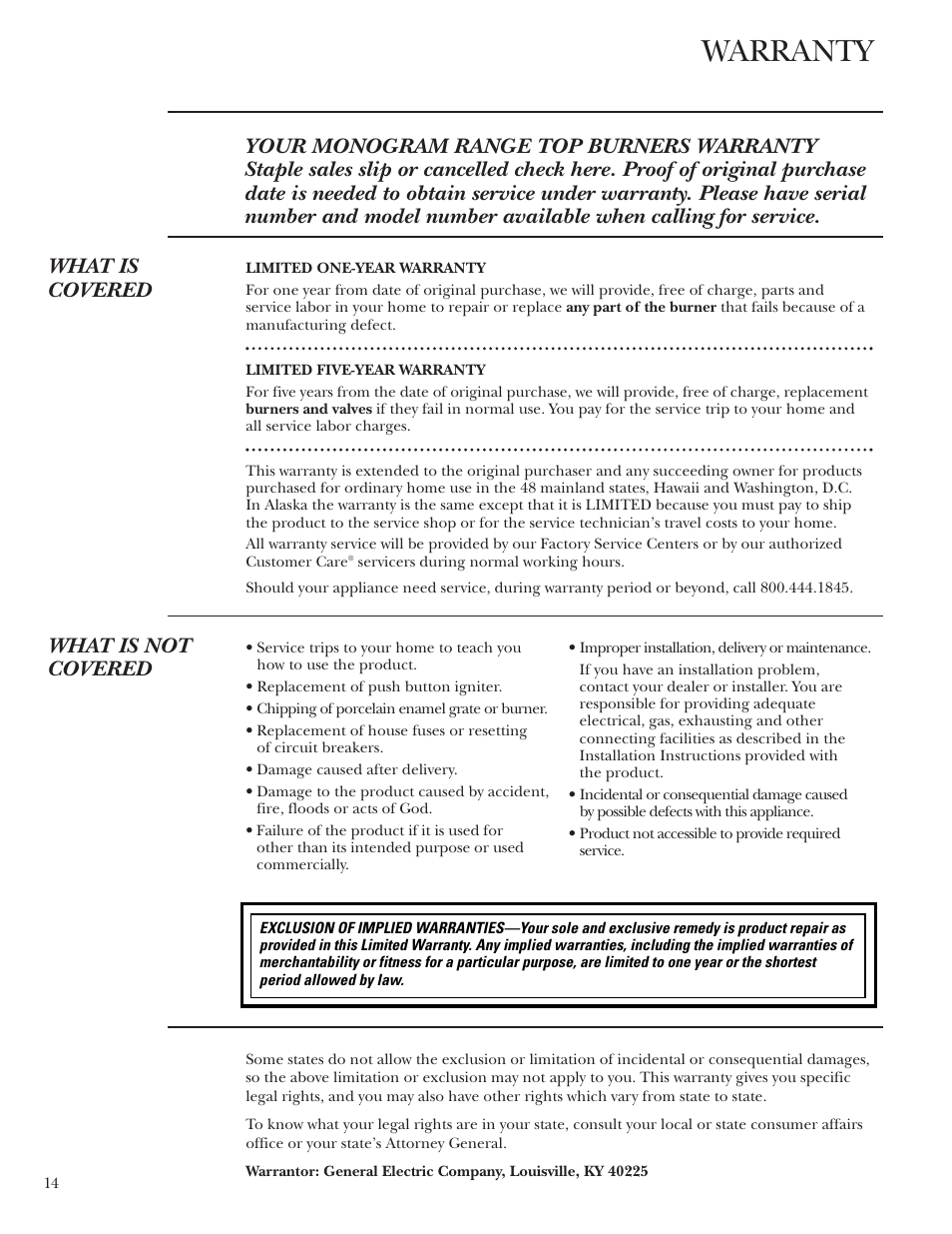 Warranty, What is not covered | GE Monogram ZX2YSS User Manual | Page 14 / 16