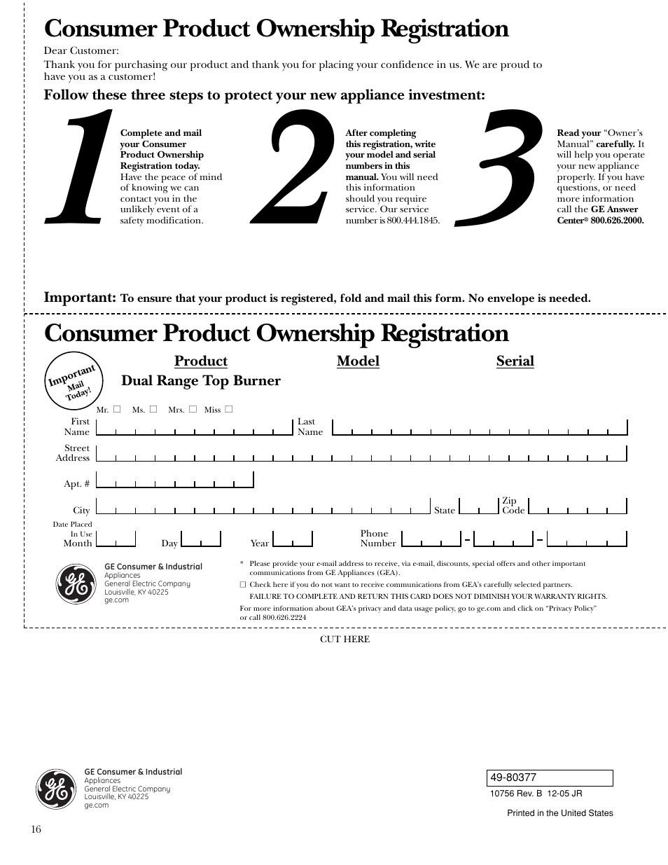 Consumer product ownership registration | GE Monogram ZX2YSS User Manual | Page 16 / 16