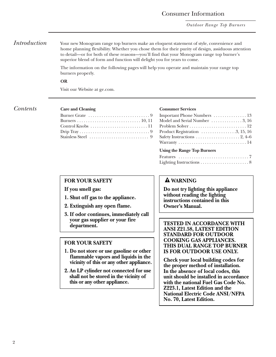 Care and cleaning, Consumer services, Safety instructions | Using the range top burners | GE Monogram ZX2YSS User Manual | Page 2 / 16