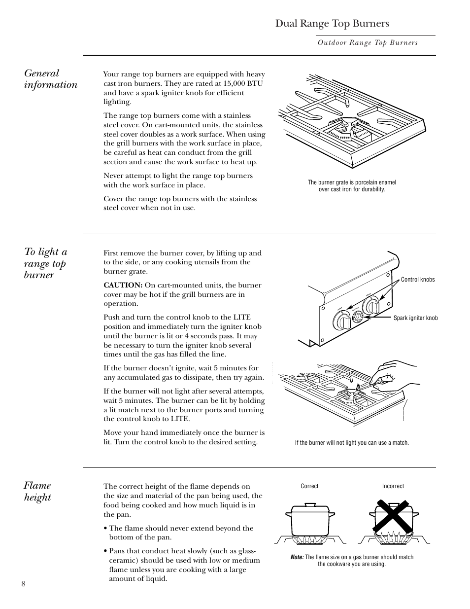 Lighting instructions, Dual range top burners, General information | Flame height | GE Monogram ZX2YSS User Manual | Page 8 / 16